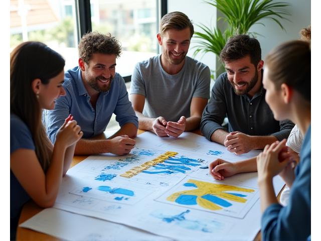 SplashGuard Creations team collaborating on a playful design with blueprints and models.
