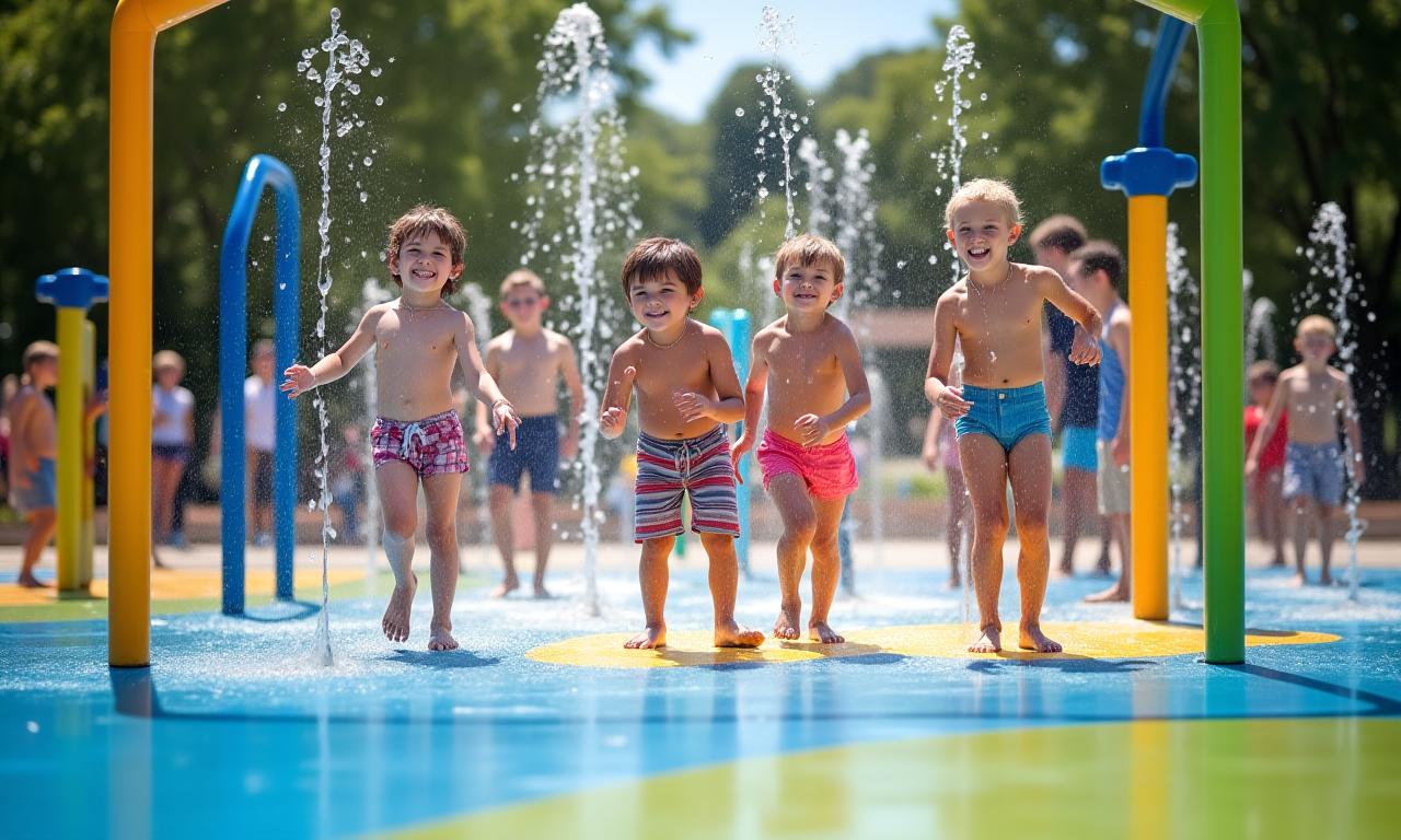 Children joyfully playing on a colorful splash pad with water spraying