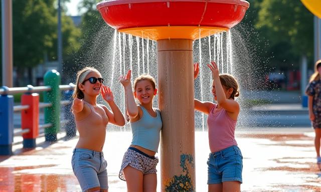 Children laughing and playing under a large tipping bucket feature in a vibrant city park splash pad.
