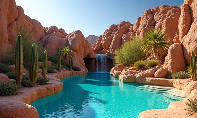 Luxurious resort pool area with a unique rock-themed water slide and integrated waterfalls, surrounded by desert landscaping.
