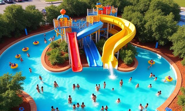 Aerial view of a large, vibrant water park with multiple custom slides and splash areas.