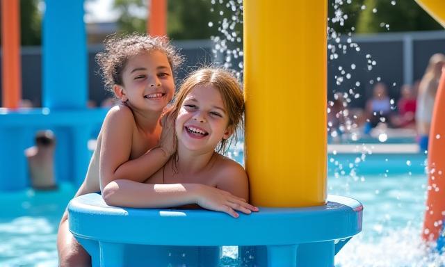 Children playing on a colorful water play structure in a community pool setting.