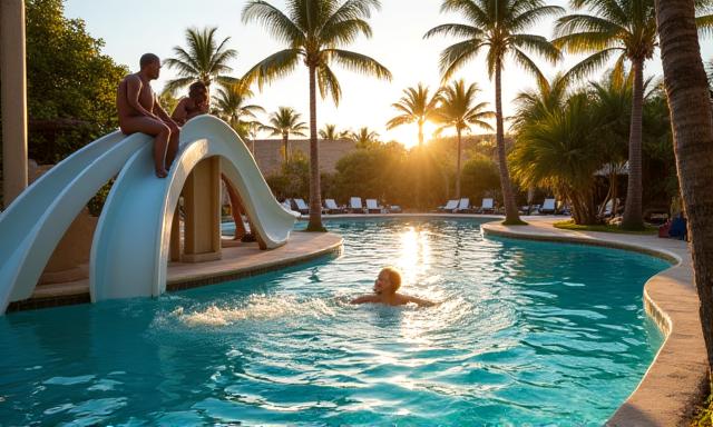 Resort guests enjoying a custom-designed water slide cascading into a large resort pool.