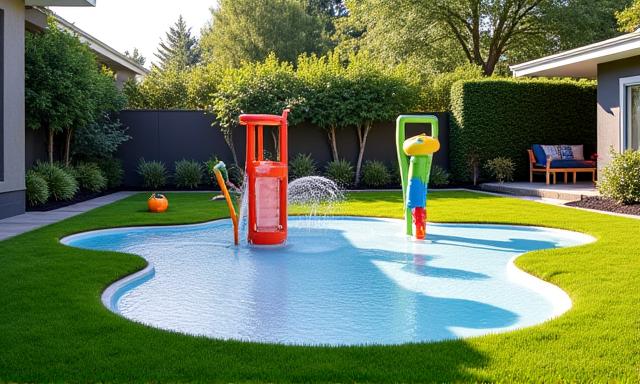 A private backyard transformed into a custom splash pad with small slides and ground jets, surrounded by lush green lawn.