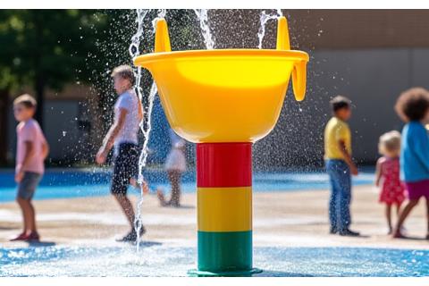 Large colorful tipping bucket pouring water on a splash pad