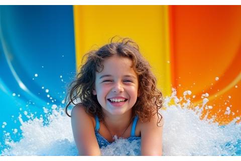 Child laughing on a orange and blue spiral water slide