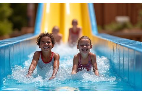 Kids sliding down a straight water slide into a splash pool
