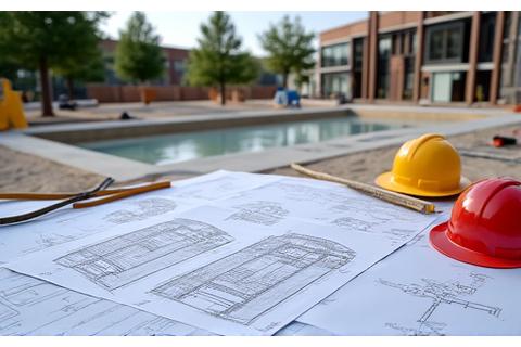 Blueprint and construction site of a modern splash pad