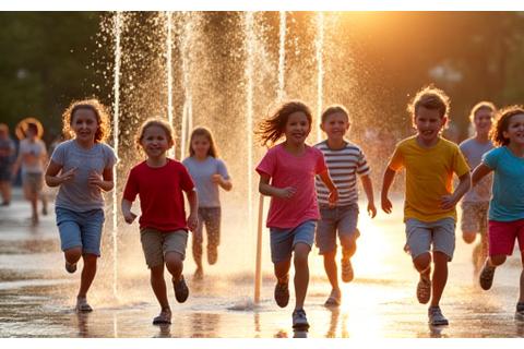 Happy children playing on a vibrant splash pad with various features